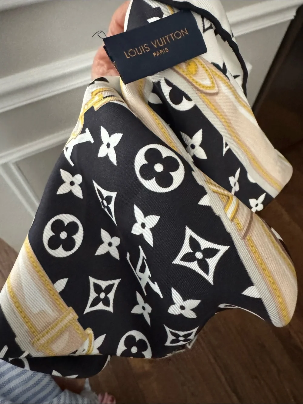 Authentic LV Black & White Monogram Silk Scarf with Gold Chain Motif